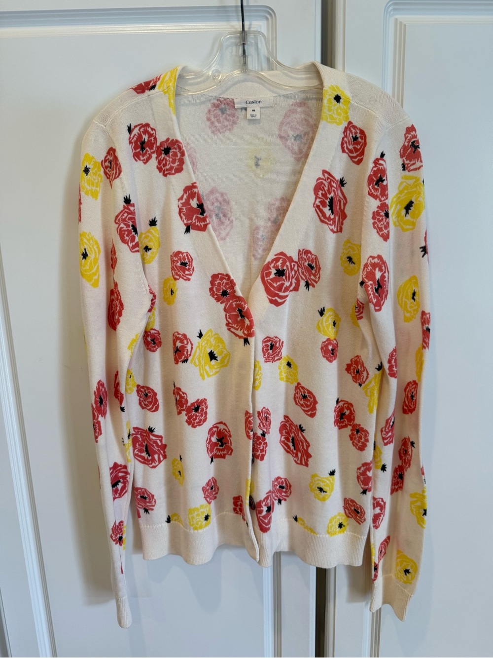 Caslon Cream V-Neck Cardigan with Orange & Yellow Floral Print, Size Medium
